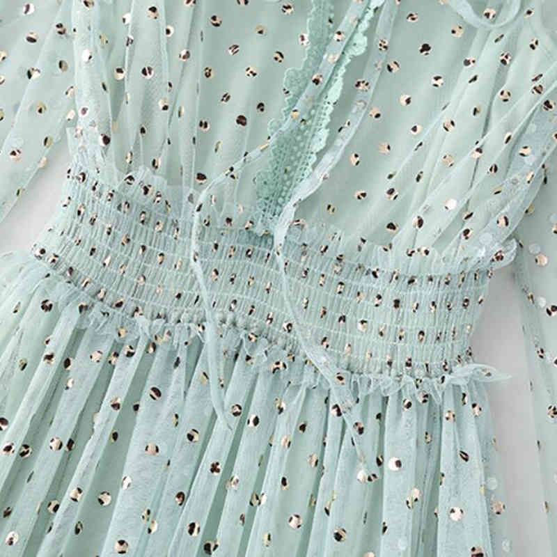 Polka Dot Print Women Dress 2-piece Set Spring Summer Vintage Sweet Mesh Dresses Long Sleeve Party Dress Robe Femme Vestido 210521