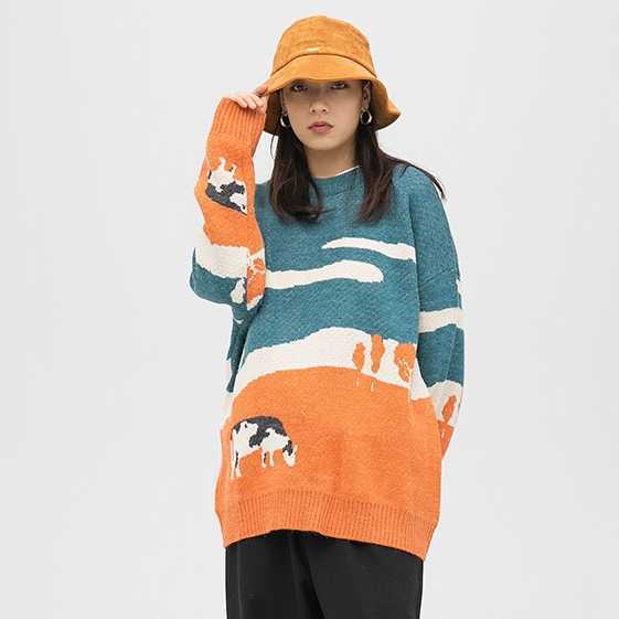Men Cow Vintage Winter Sweater Pullover O-Neck Korean Knitted Sweater Women Casual Harajuku Couple Knit Streetwear Oversize 210818