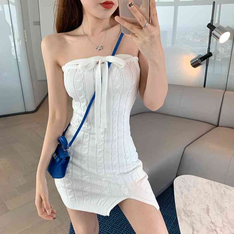 Matching Sets Sexy Tight Temperament Halter Knitted Dress Women Mini + Long Sleeve Top Fashion Blue White Elegant Chic 210429