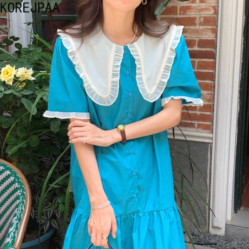 Korejpaa Women Dress Summer French Doll Collar Wooden Ear Contrast Stitching Loose Lace Single-Breasted Puff Sleeve Vestido 210526, Blue
Korejpaa Women Dress Summer French Doll Collar Wooden Ear Contrast Stitching Loose Lace Single-Breasted Puff Sleeve Vestido 210526, Blue