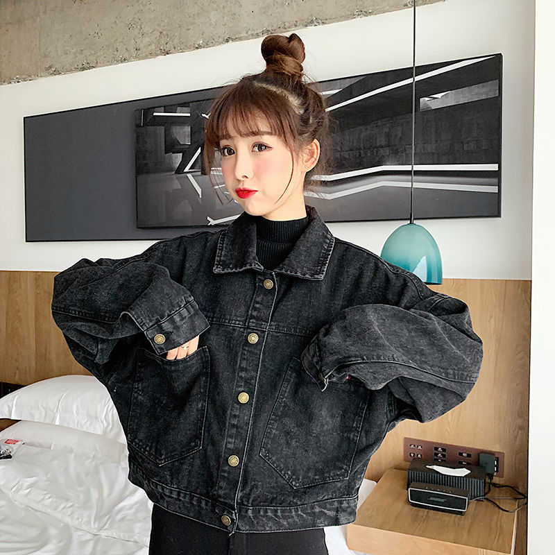 Black Denim Short Jackets Women Loose Single Breasted Button Pockets Korean Style Chic Retro Harajuku Casual Streetwear Womens 210804
