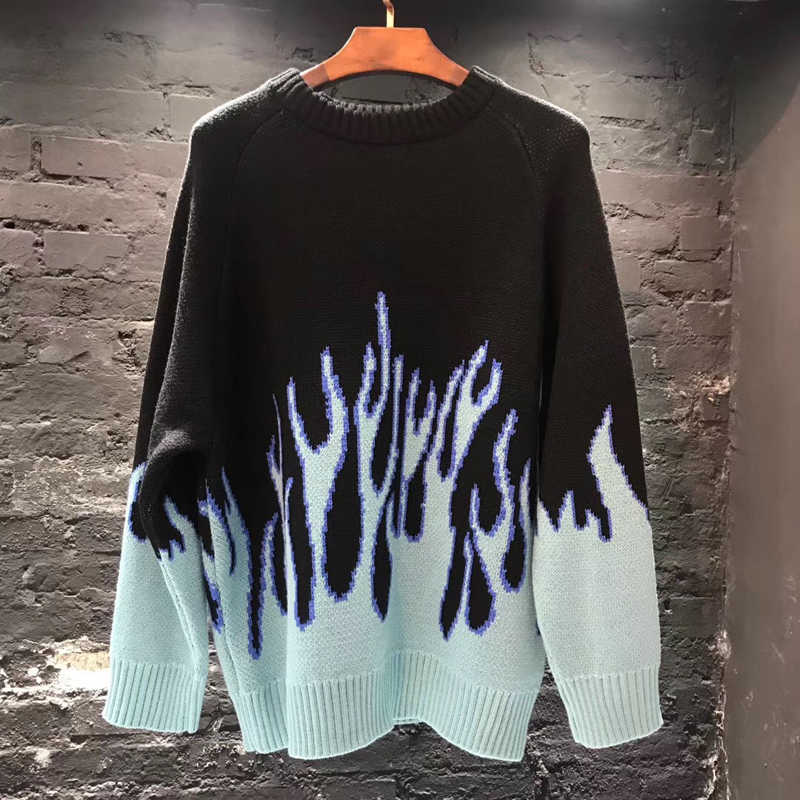 FOJAGANTO Men's Winter Autumn Loose Sweater Harajuku Oversize Hip Hop Pullover Streetwear Casual Blue Flame Sweater Male 211018