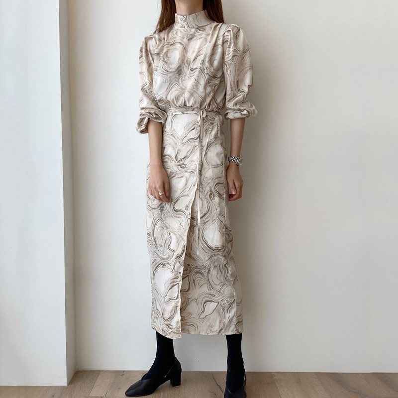 Korean Elegant Stand Collar Runway Dress Women Long Sleeve Spring Robe Dresses Vintage Print Maix Vestidos 210519