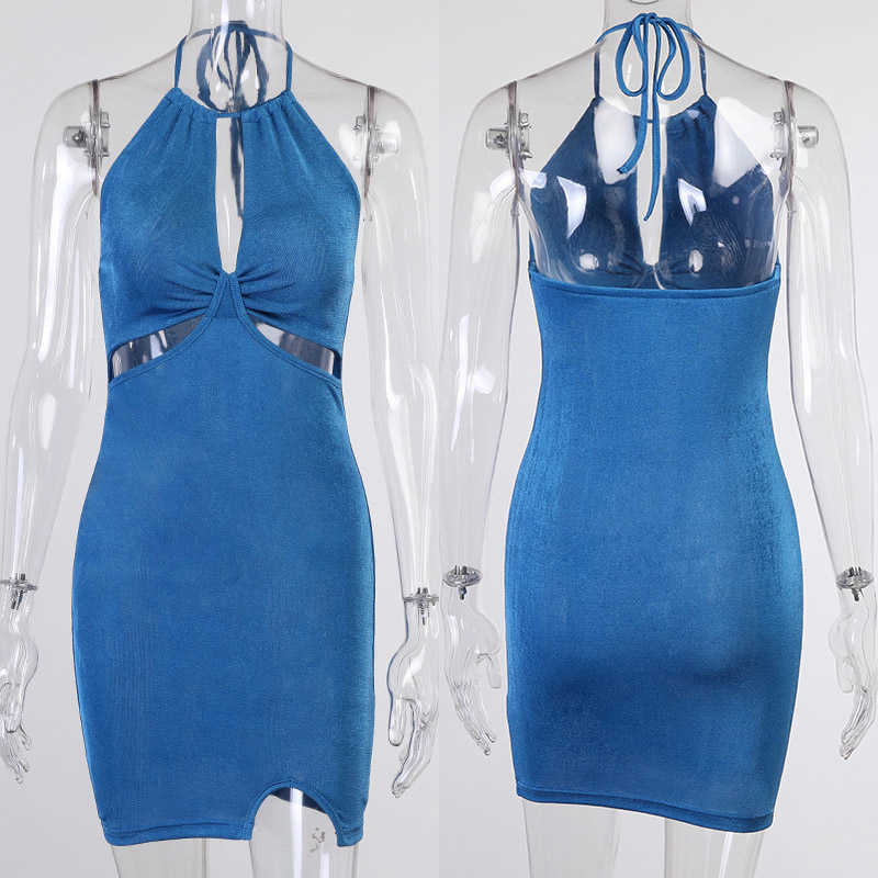 Halter Backless Bodycon Dress Women Sexy Summer Dress Elegant Cut Out Party Mini Dress Pink Blue Black 210630