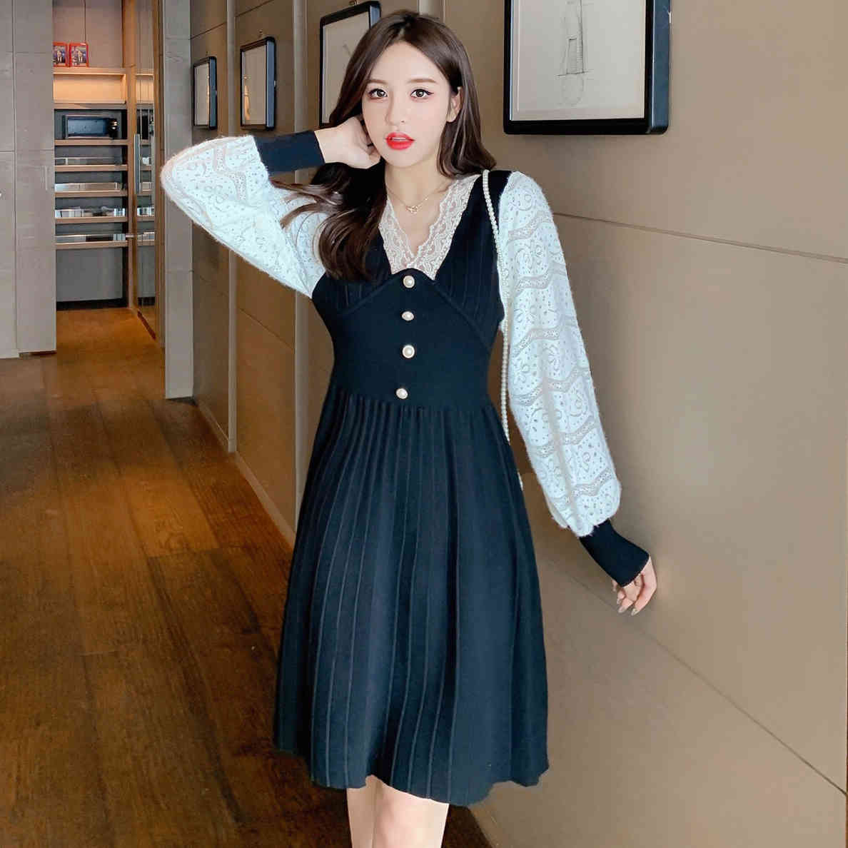 Woman Elegant Autumn Spring Red Sweater Dresses Lace Patchwork Long Sleeve A-Line Knit Vestido Da Festa 210520