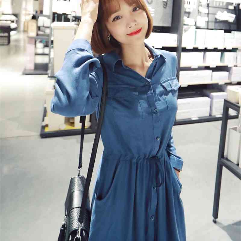 Korean Fashion Solid Long Shirt Dress Women Single-breasted Splitting Ol Style Casual Pleated Dresses Vestidos Black Blue 210518