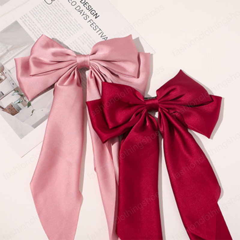 2021 Fashion Bowknot Streamer Hairpin Woman Girls Satin Ribbon Barrette Bow Back Head Spring Clip Headwear Female Hair Accessories