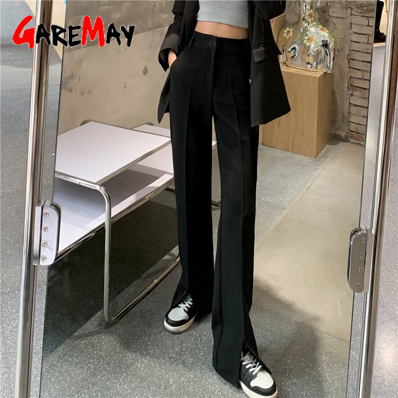 Split Hem Pants for Women Black High Waist Casual Long Slim Streetstyle Korean Wide Leg Office Formal Stacked 210428