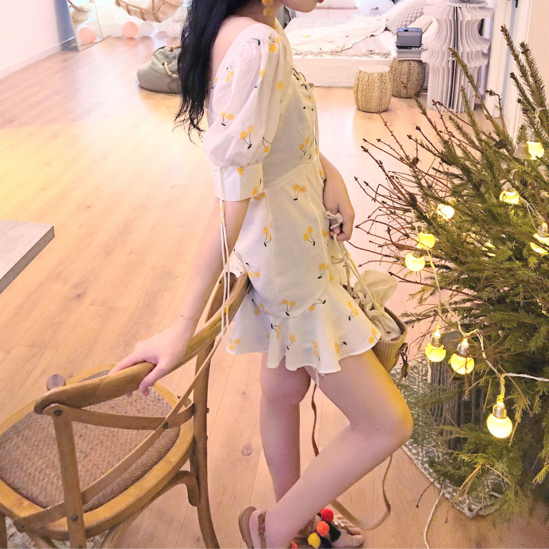 vintage white ruffle lace up beach sexy dress kawaii yellow cherry mini korean casual vestidos women Summer 210521
