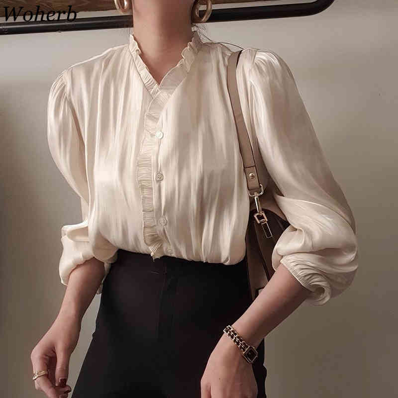 Women Casual Blouse Spring Summer Ruffle V-neck Puff Sleeve Luster Apricot Shirts Woman Fashion Korean Chic Tops Blusas 210519