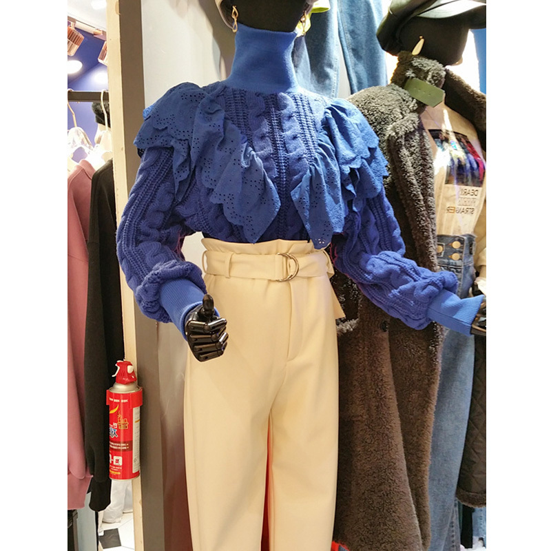 Nomikuma Knitted Twist Women Sweater Lace Ruffle Patchwork Pull Femme Autumn Winter Turtleneck Long Sleeve Pullovers 6C712 210427