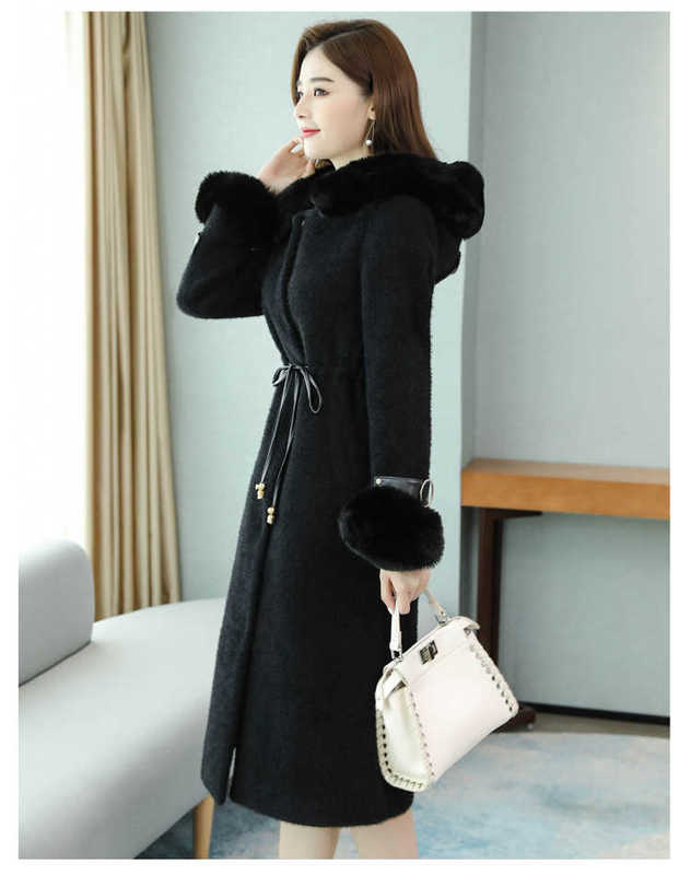 Office Ladies Winter Outerwear Long Faux Coat Women Maxi Overcoat Fur Collar Hoody Drawstring BUR122909 210928