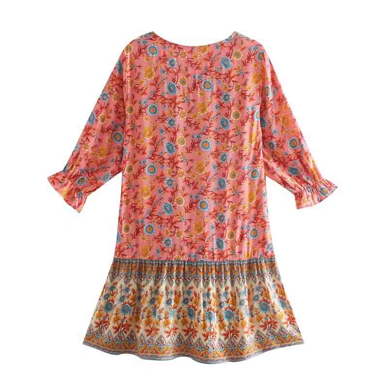 Bohemian Open Buttons Hit color Floral Print Short Dress Hippie 3/4 Sleeve Woman Holiday Dresses BOHO 3 Colors 210429