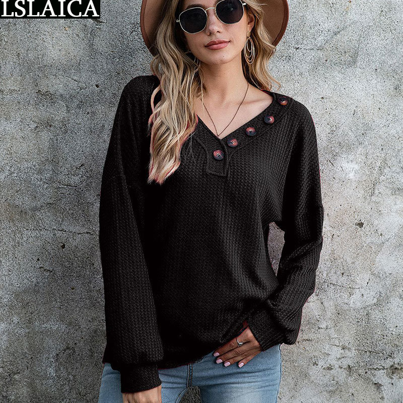 Women Blouses Casual Long Sleeve V Neck Button Tops for Fashion Solid Irregular Female Shirts Streetwear Plus Size Clothes 210520