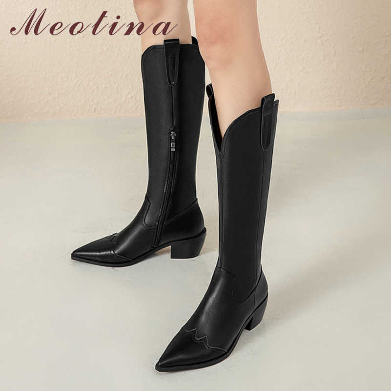 

Meotina Women Western Boots Shoes Pointed Toe Block Heels Knee High Boots Zip High Heel Lady Long Boots Autumn Winter Black 210608, Black synthetic lin