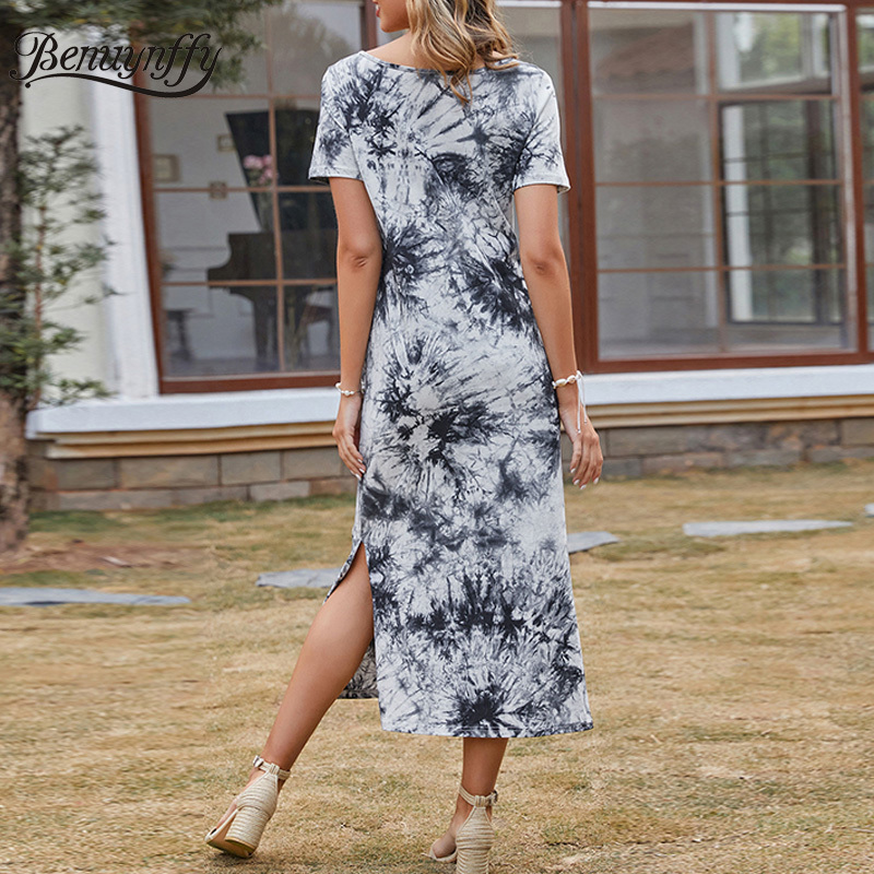 Round Neck Tie Dye Split Long Dresses Women Summer Short Sleeve High Waist Female Casual Slim Dress 210510