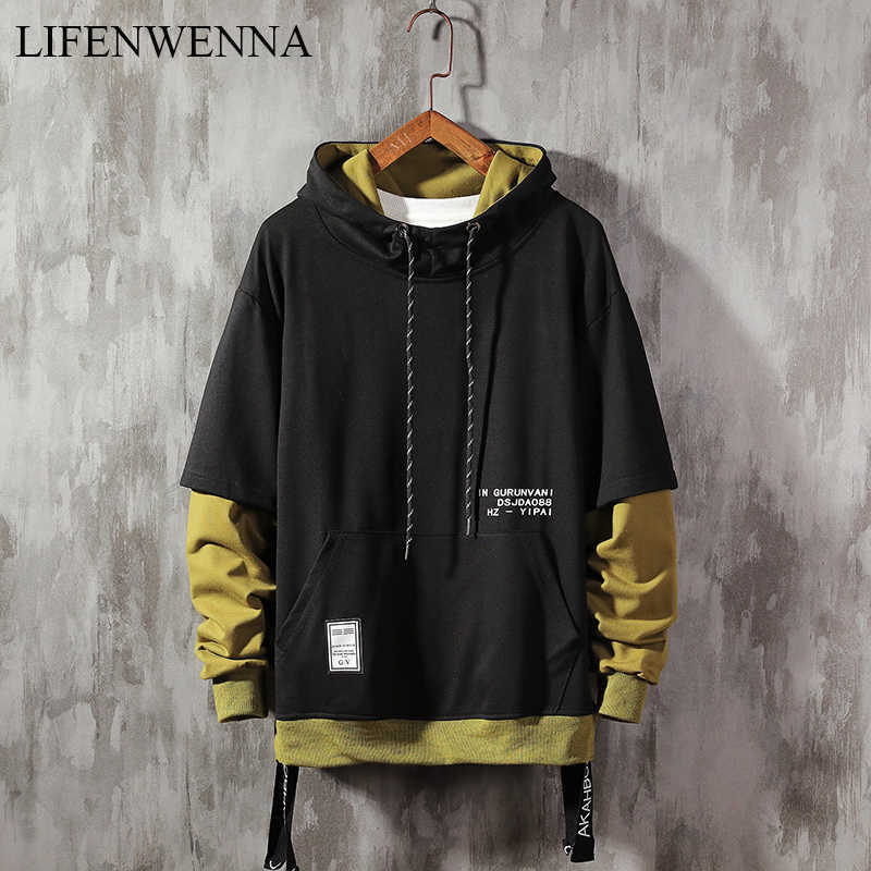 LIFENWENNA Hoodie Sweatshirt Mens Hip Hop Pullover Hoodies Streetwear Casual Fashion Clothes Color Block Hoodie Cotton Tops 210528