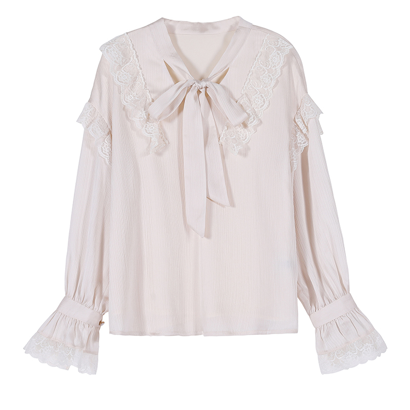 Hong Kong Style Retro Chiffon Shirts Women Strappy Shirt Spring Lace Ruffled Trumpet Sleeve Top Woman's Blouses 13210 210427