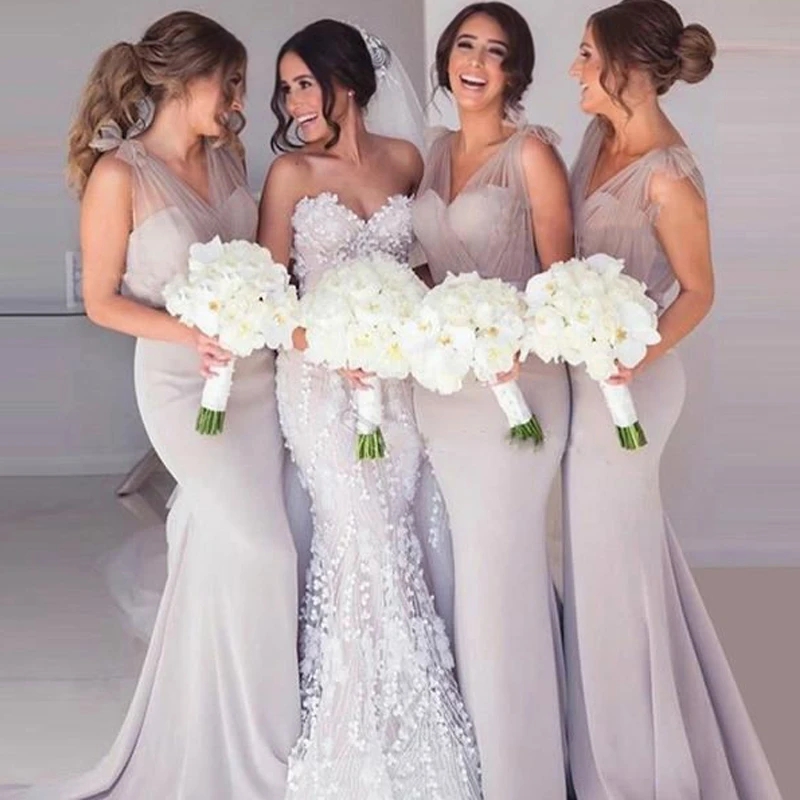 Black Girls White V Neck Mermaid Bridesmaid Dresses Summer Country Satin Floor Length Evening Gowns Maid Of Honors Gown Wedding Guest party