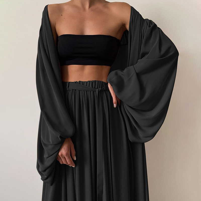 VGH Casual Three Piece Set For Women Short Vest Lantern Long Sleeve Coat High Waist Wide Leg Pants Sexy Sets Female Fashion 210421