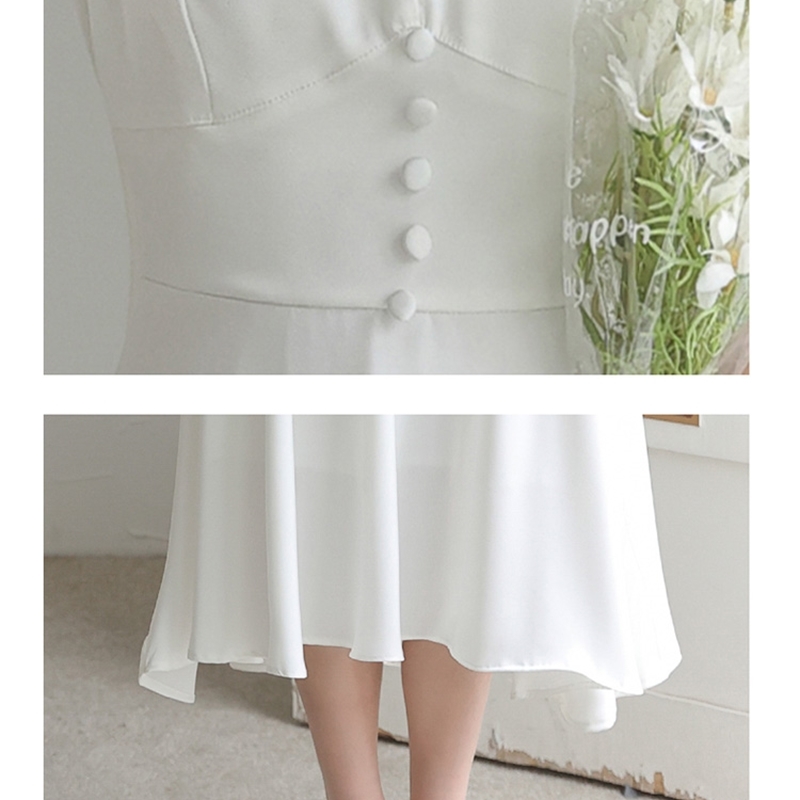 Summer Women Elegant Holiday Dresses Vintage Fashion Puff Sleeve Square Collar White Chiffon Party 210519