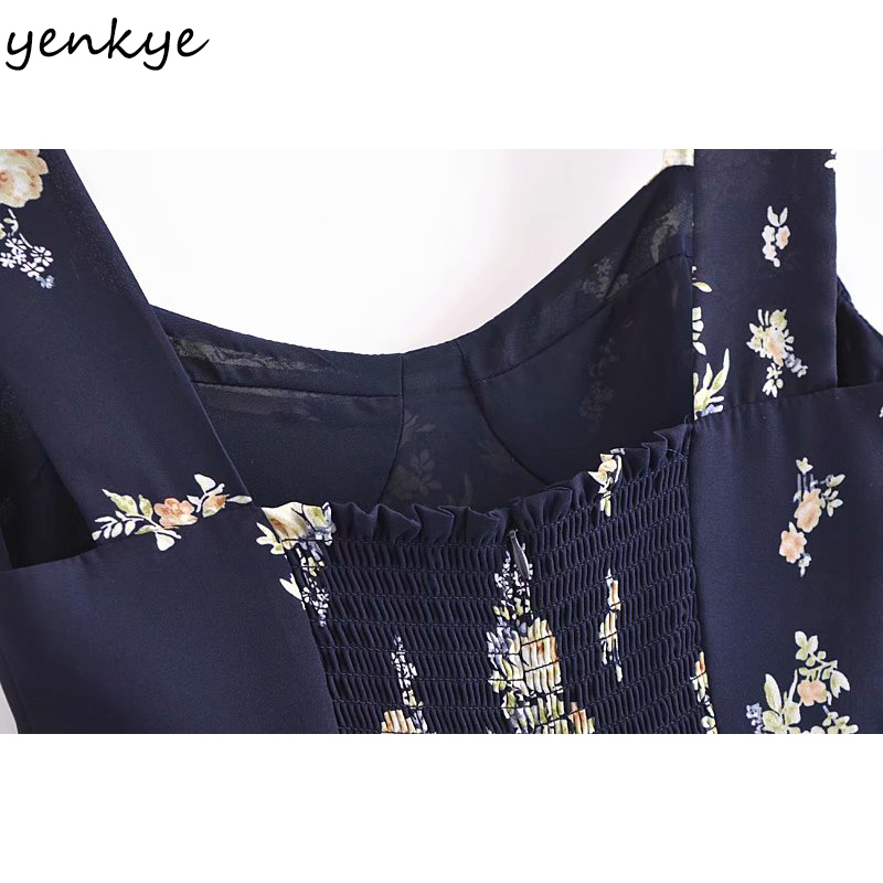 YENKYE Summer Women Vintage Floral Print Sexy Slits Dress Female V Neck A-line Midi Tank Chiffon Dress Prairie Chic Holiday Robe 210515