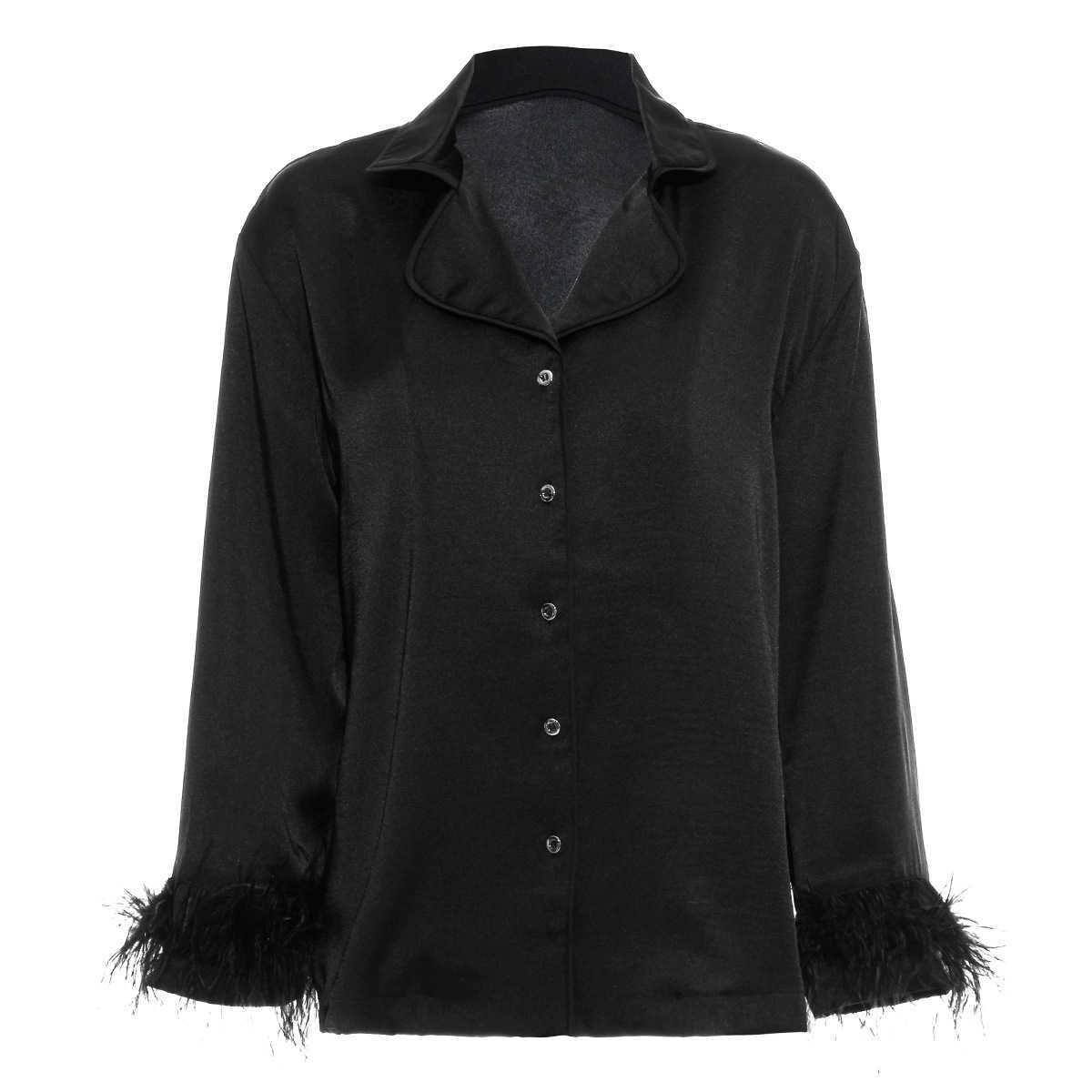 Office Lady Solid Feathers Patchwork Notched Pajamas Wind Shirt Jacket Blouse Women 210615Z