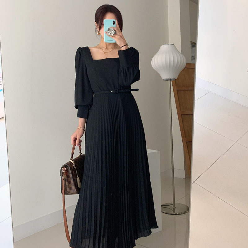 Korea Foreign Style Elegant Thin Square Collar High Waist Women Dress Solid Color Commute Length Pleated with Belt 12801 210427