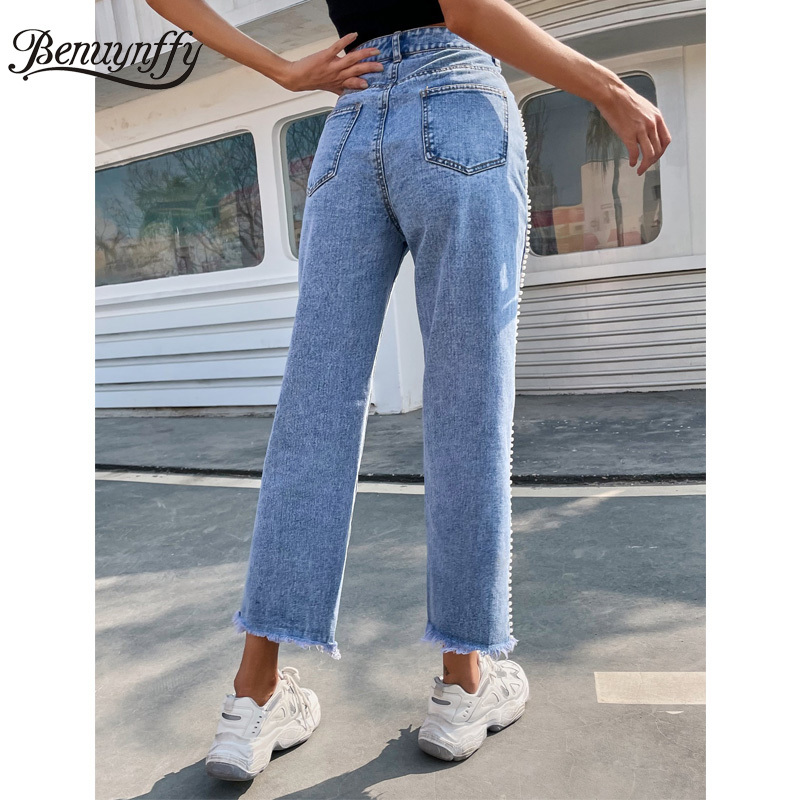 Side Detail Raw Hem Boyfriend Jeans Woman Korean Fashion Streetwear High Waist Baggy Casual Mom Straight Denim Pants 210510