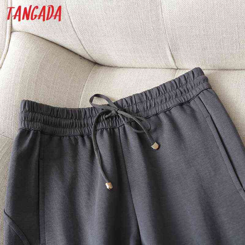 Tangada women dark gray pants cargo strethy waist trousers joggers female sweat 6D80 211115