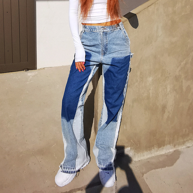 Hit Color Patchwork Jeans For Women High Waist Wide Leg Straight Trousers Female Fashion Clothing Autumn 210521