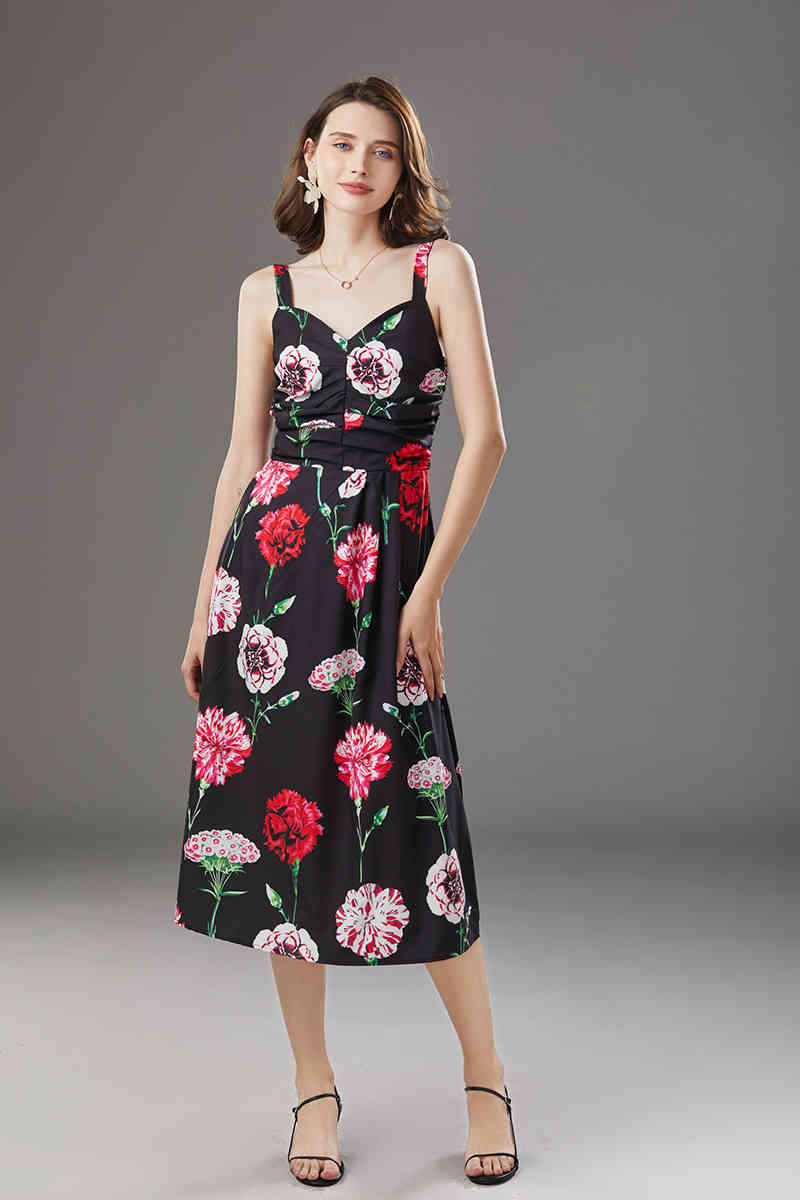 Arrival Summer Women's Runway Dresses Spaghetti Strap Floral Printed Ruched High Street Fashion Casual Mid Calf 210506