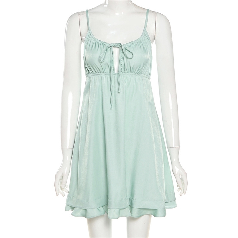 Mint Green Grunge Fairy Dresses Summer Spaghetti Strap Backless Sexy Sundresses Ruffles Strap Mini Dresses Women Clothes 210521