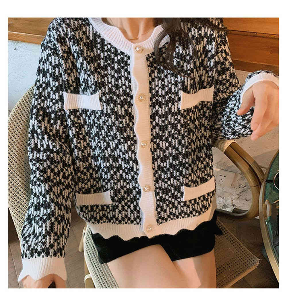 Nomikuma Women Sweater Cardigan Autumn Contrast Color Korean Elegant Knitted Coat New Long Sleeve O-neck Knitwear 6C729 210427