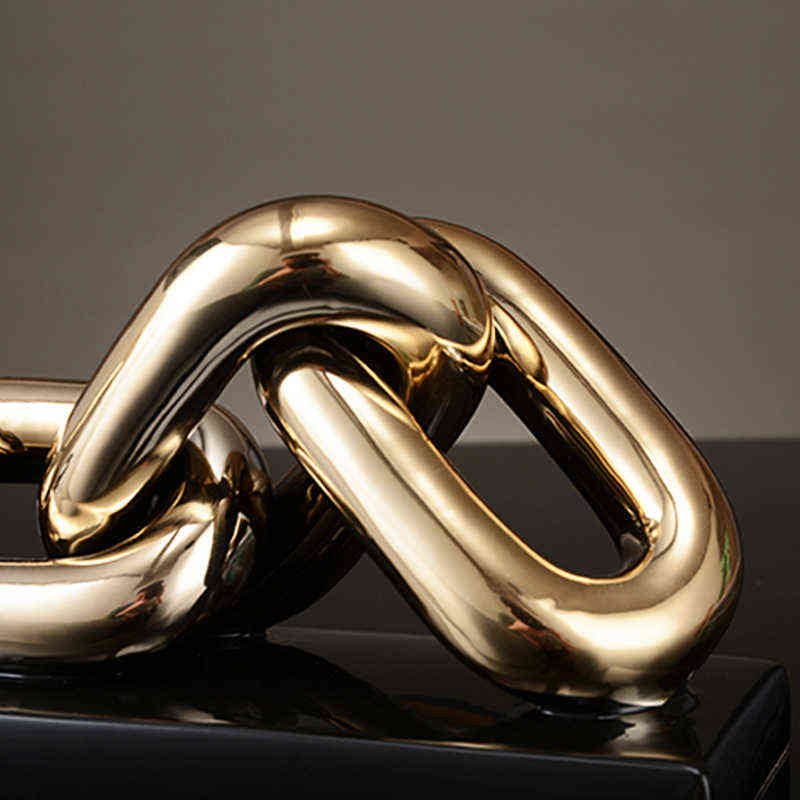 Nordic golden chain sculpture decorations office study desktop ceramic crafts Figurines Ring Chain Porcelain Home decor ornament 211108