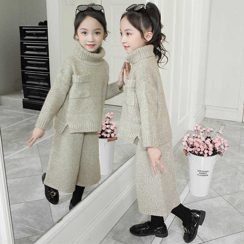 Teenage Children Clothes Sweater + Pants Costume For Girls Thick Warm Girl Knitted Set Autumn Winter Kids Clothing 210528