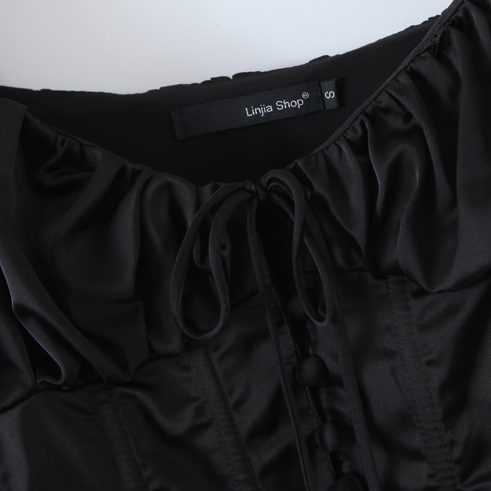 Vintage Long Sleeve Bandage Cross Lacing up Cropped Shirt Women French style Ladies Wood ears Dropped Slim Crop Top Sexy blouses 210429