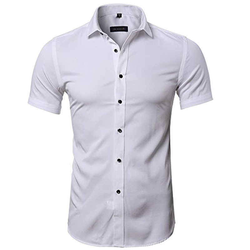 Blue Bamboo Fiber Shirt Men Summer Short Sleeve Mens Dress Shirts Casual Slim Fit Easy Care Solid Non Iron Chemise Homme 210721