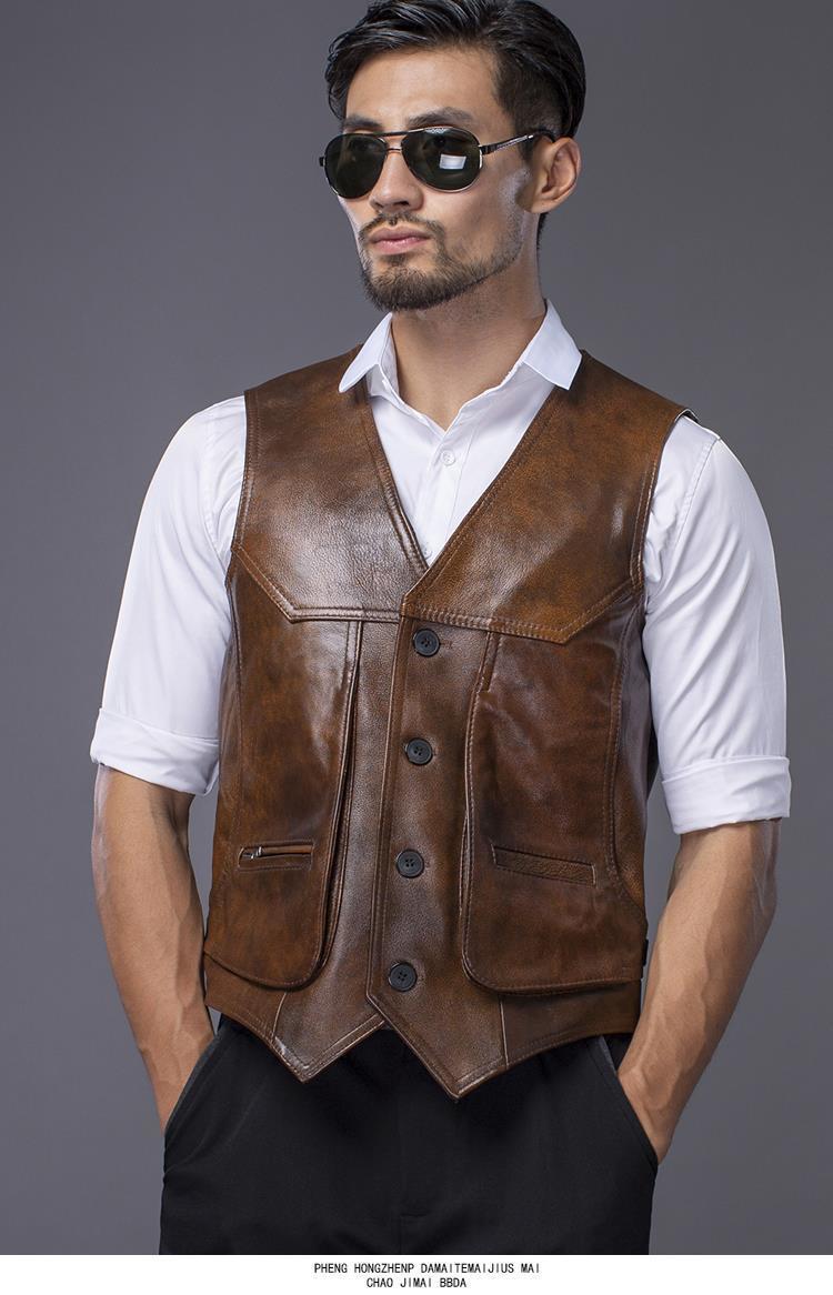 

Men's Vests Genuine Leather Vest V Neck Cowhide Waistcoat Fit For Casual Street Bikers Sleeveless Jacket Clothing, Black