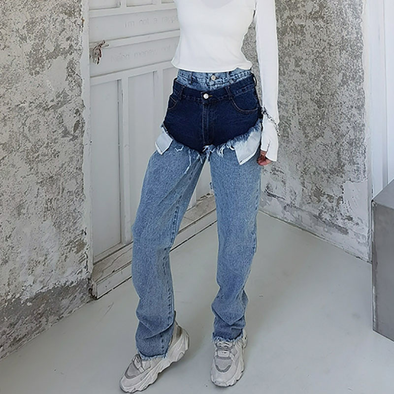 Shorts Wear Two Piece Jeans Women's Spring High Waist Color Contrast Hole Straight Denim Pants Female 5B425 210427