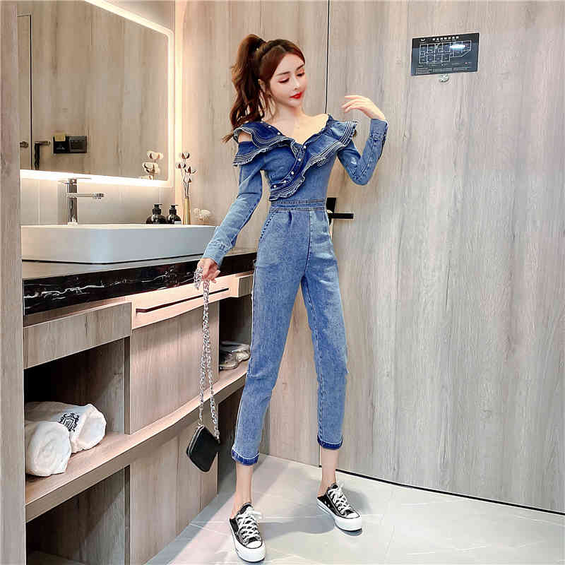 Fashion Women Vintage Bodysuit High Waist Bodycon Rompers Zipper Ruffles Woman Off Shoulder Denim Overalls Jumpsuit 210519