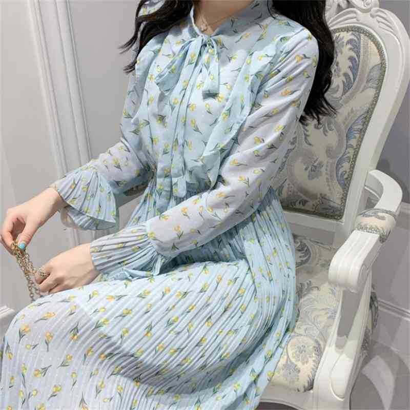 Spring Chiffon Dress Female Sweet Bow Tie Flare-sleeved Printing Fashion High Waist Casual Pleated Dresses Robe 210519