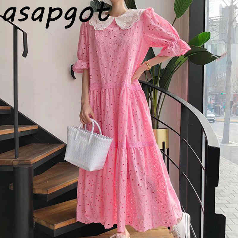 Dresses Chic Korean Sexy Hollow Out Pink Lace Peter Pan Collar Dress Women Flare Sleeve Patchwork Loose Sweet Summer Fashion 210429
