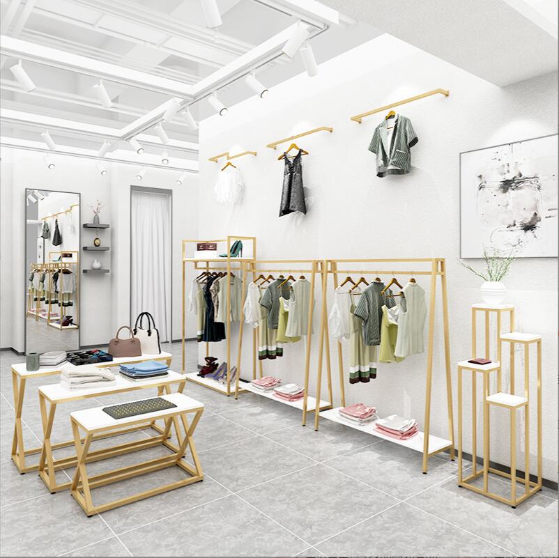 Clothes hanger display rack in clothing store Commercial Furniture golden wall racks floor type side hanging simple women's shelf double-layer cl