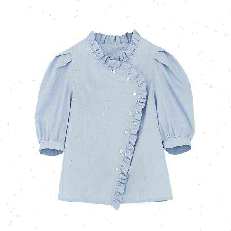 white blue stand collar solid womens shirts puff short sleeve button summer casual loose women ruffle b0558
white blue stand collar solid womens shirts puff short sleeve button summer casual loose women ruffle b0558