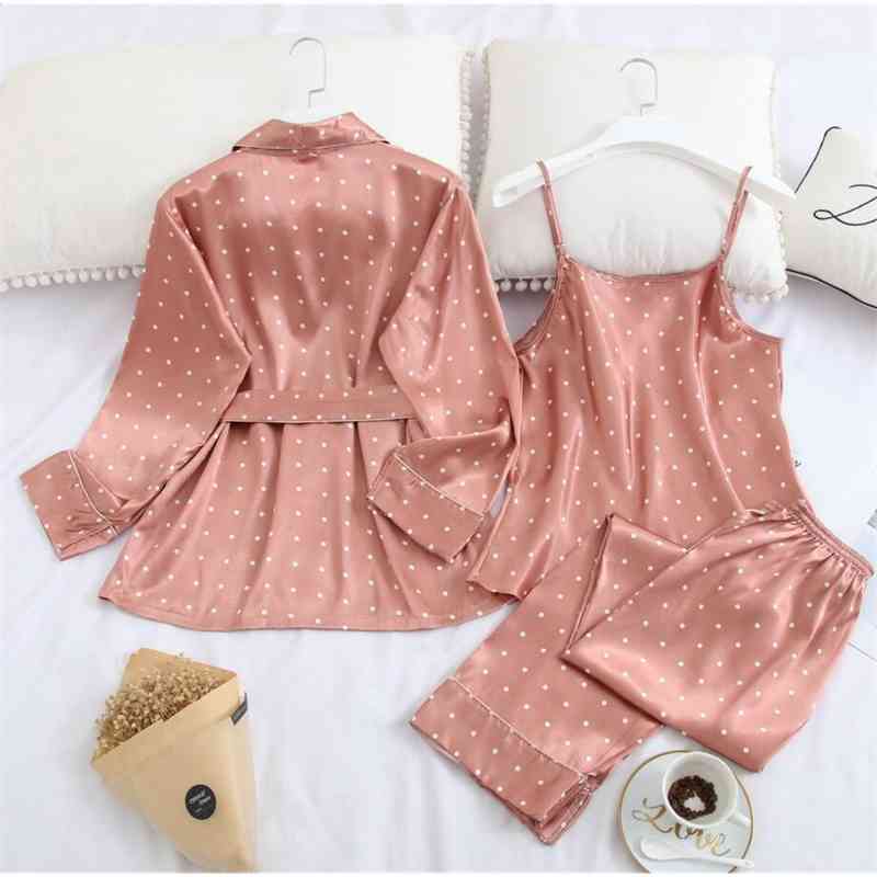 Elegant Dot Print Satin Shirt Camis Pajama Suits Elastic Full length Pants Women Loose Long Sleeve Blouse Tops 3 Pieces Set 210429