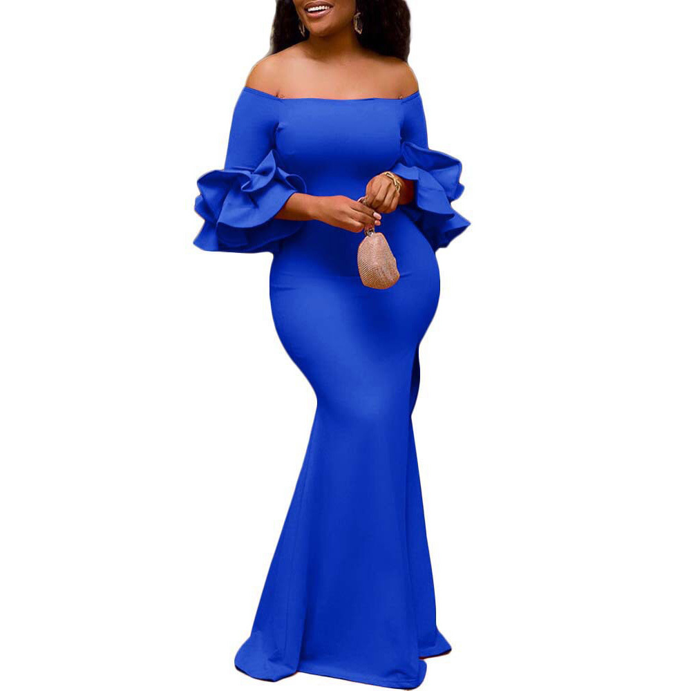 African Ladies Party Long Dress White Slash Neck Ruffles Bodycon Mermaid Floor Length Elegant Evening Dinner Night Vestidos 210510
