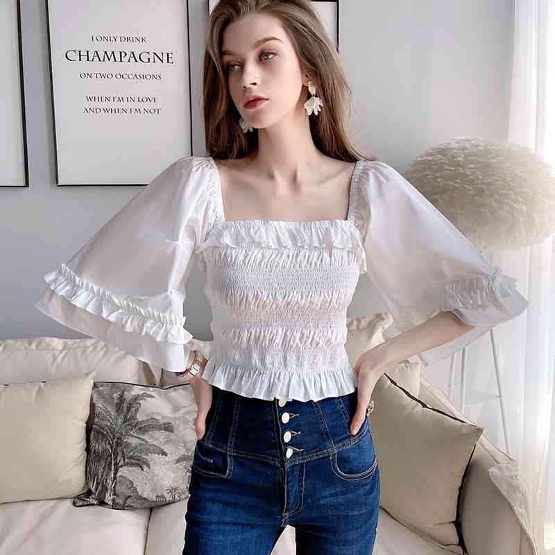 Dabuwawa Vintage Sexy White Flare Sleeve Frilled Blouse Women Square Neck Slim Fit Elegant Blouses Office Lady DT1BST026 210520
