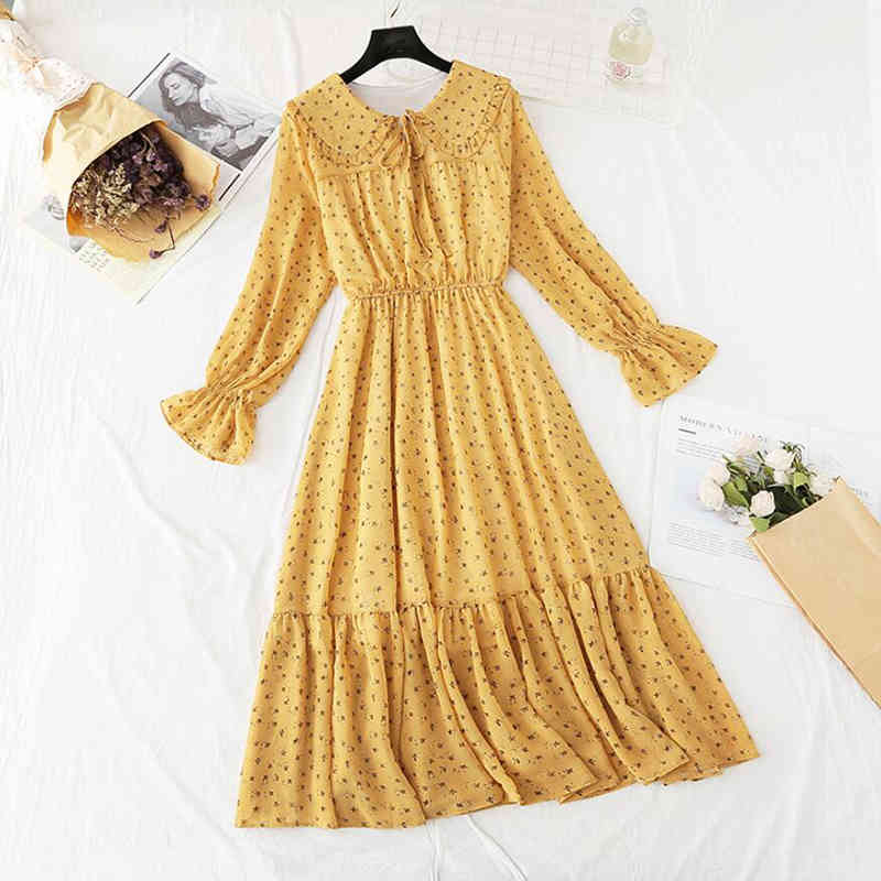 Sweet Polka Dot Printed Chiffon Dress Women Vintage A-line Flare Sleeve Doll Collar Ruffled Dresses Spring Summer Dress 210521