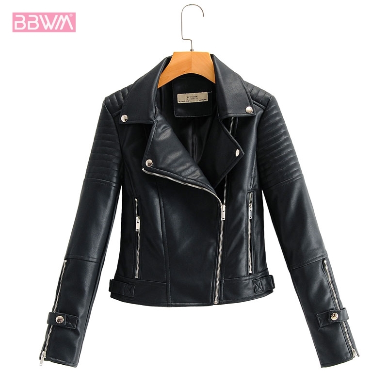 PU Slim Lapel Long Sleeve Fashion Chic Korean Motorcycle Female Coat Harajuku Simple Zipper Women's Jacket Tops 210507
